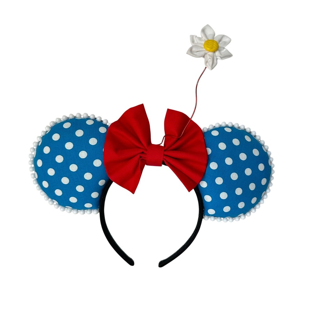 Blue Polka Dot Minnie Mouse Ears Red Bow Daisy Flower Headband
